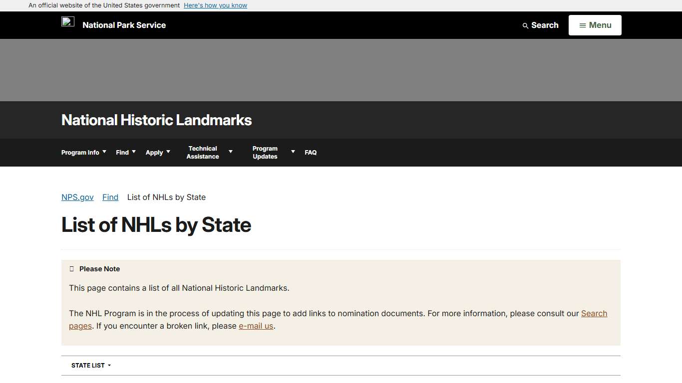 List of NHLs by State - National Historic Landmarks (U.S. National Park Service)